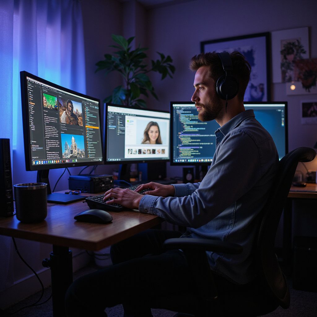 Man at a desk with multiple monitors, typing in a dimly lit home office with blue-purple ambient light for Wilsona Marketing