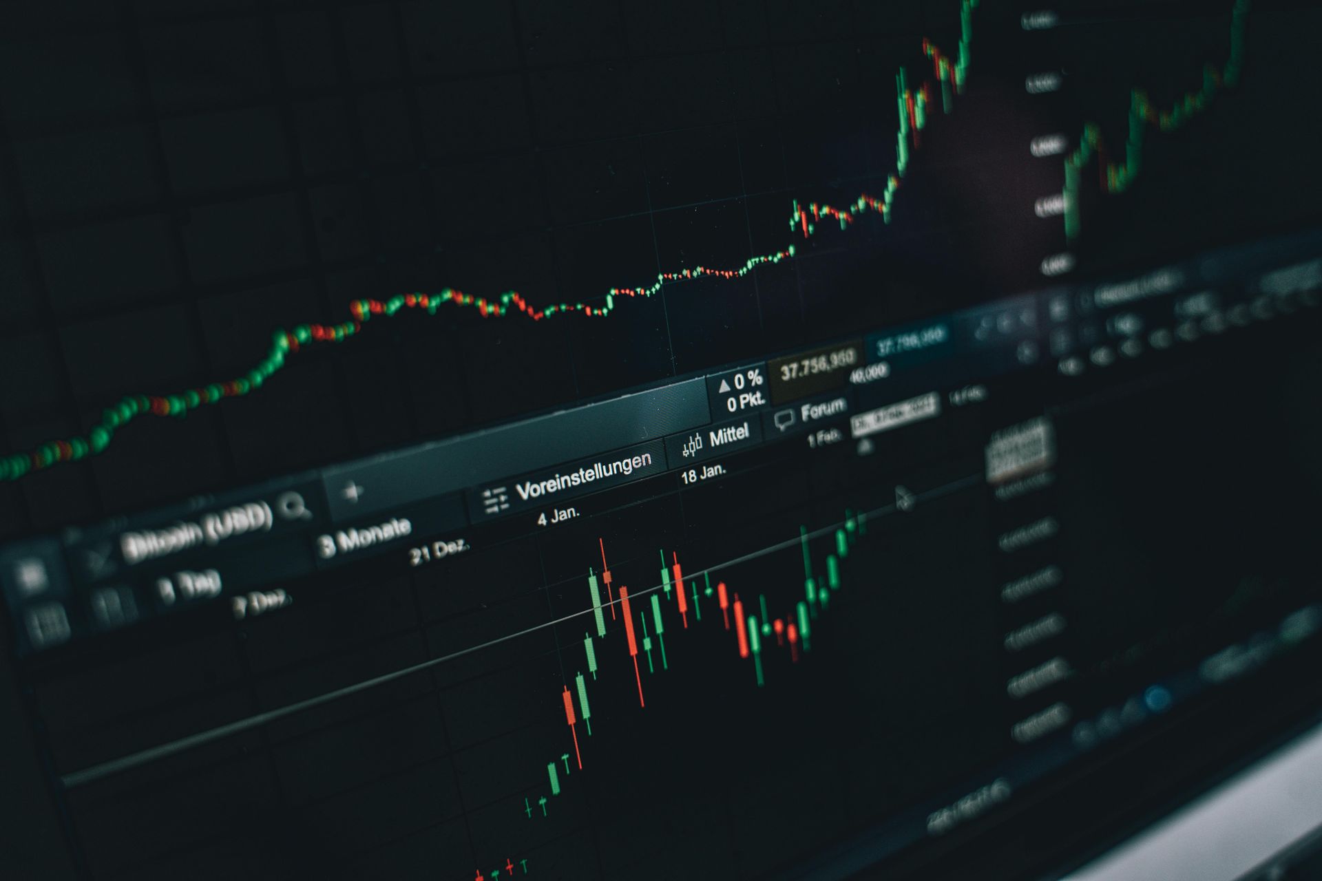 Trading charts on a dark screen with green and red candlesticks showing a sharp upward trend results from Wilsona Marketing