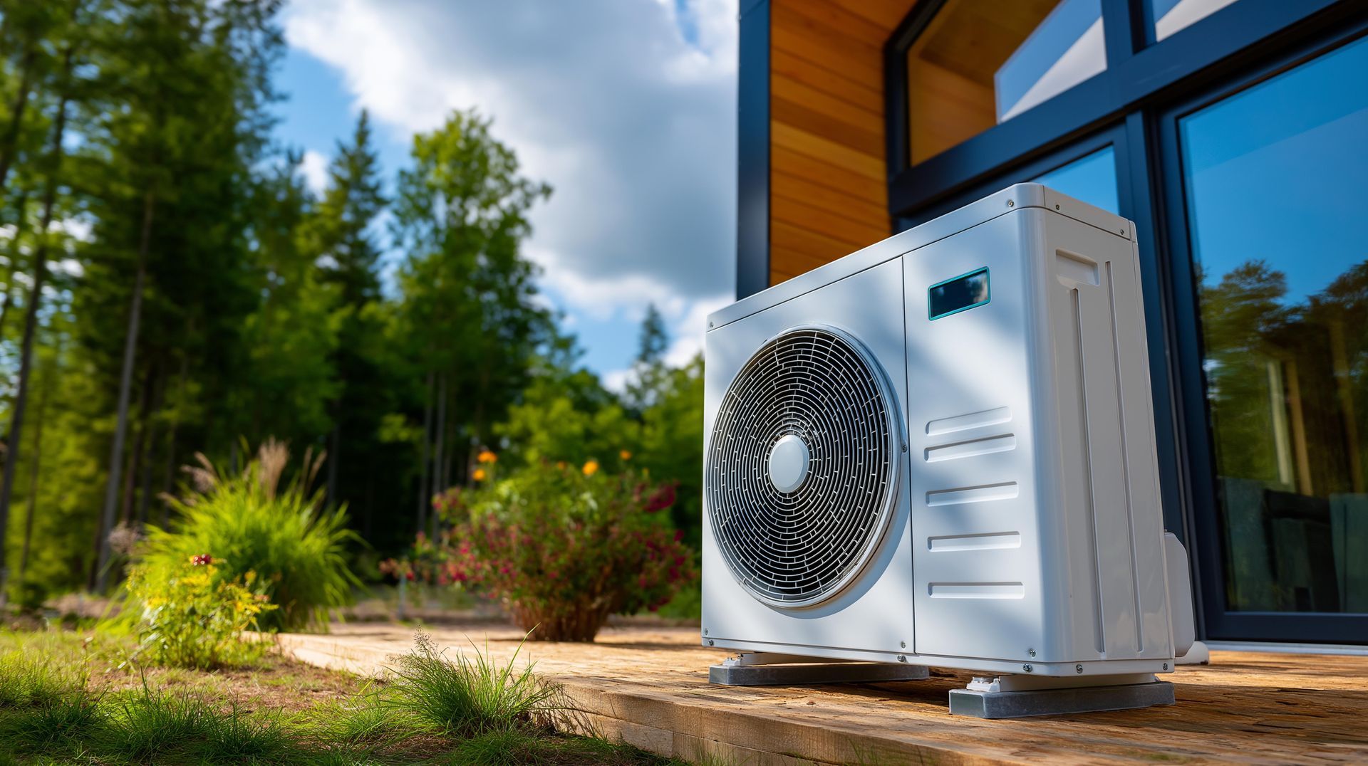 Outdoor heat pump unit beside a house, with trees and blue sky in the background. Outdoor heat pump unit beside a house, with trees and blue sky in the background.