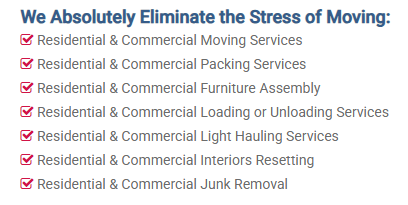 List of moving services, each with a checkmark: moving, packing,