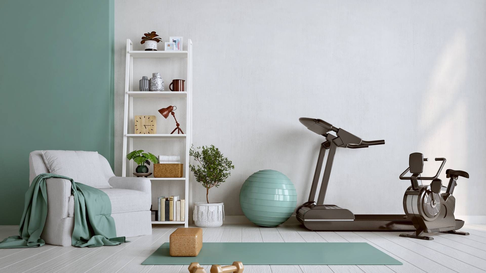 A home gym with green accent wall and exercise equipment at John Paul's Paint & Decor near Bourbonna