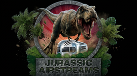Jurassic Airstreams logo with white dinosaur atop silver trailer, red sunburst background, and green ferns