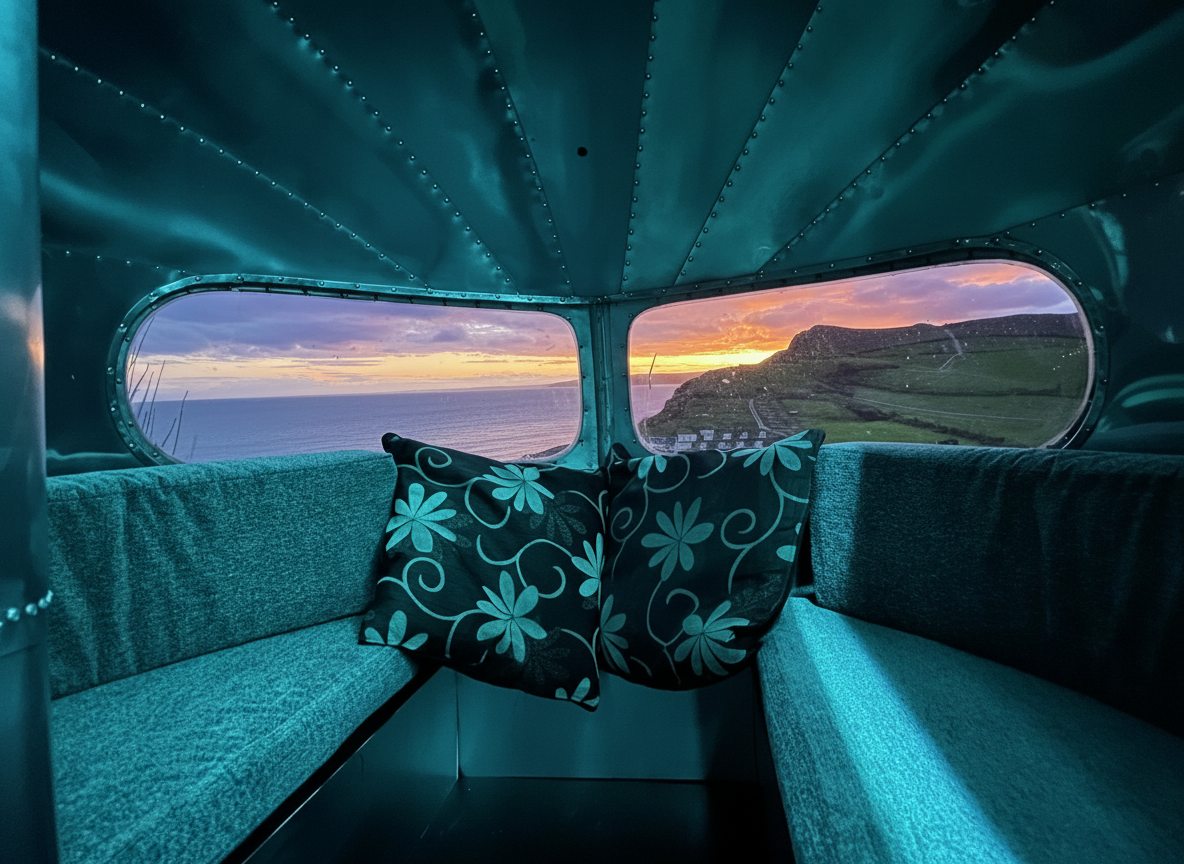 Teal upholstered cabin with floral pillows and a sunset view through two windows