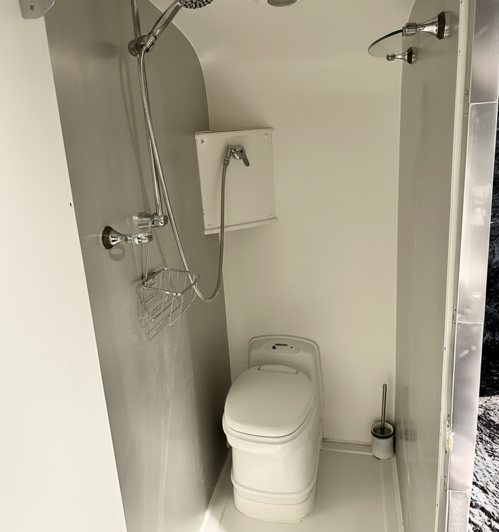 Small white bathroom with a toilet, showerhead, wall-mounted toilet paper holder, and shower curtain.