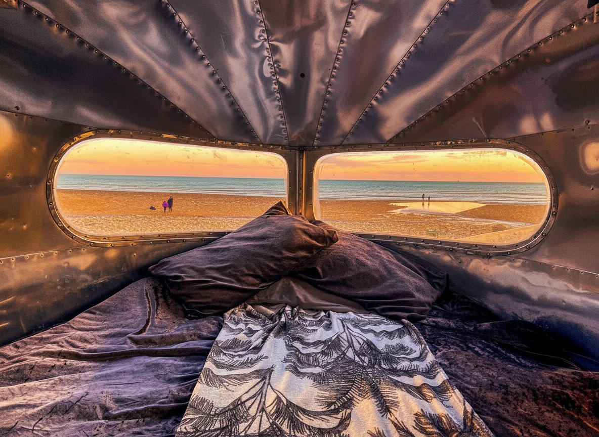 View from inside a tent on a beach at sunset, with two oval windows framing the shore.