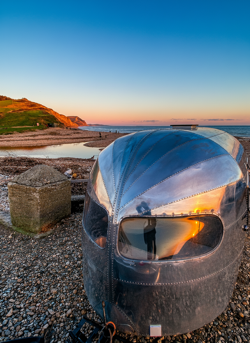 Silver capsule-shaped sculpture on a rocky beach at sunset, with ocean and distant hills in the background