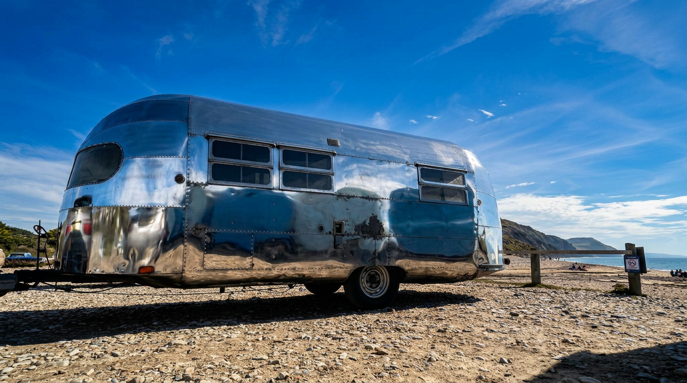 Shiny silver Airstream trailer parked on a rocky beach under a blue sky