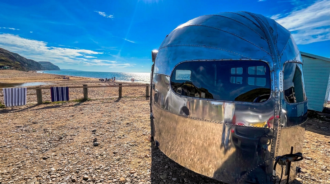 Shiny silver Airstream trailer on a rocky campsite with mountains and blue sky in the background