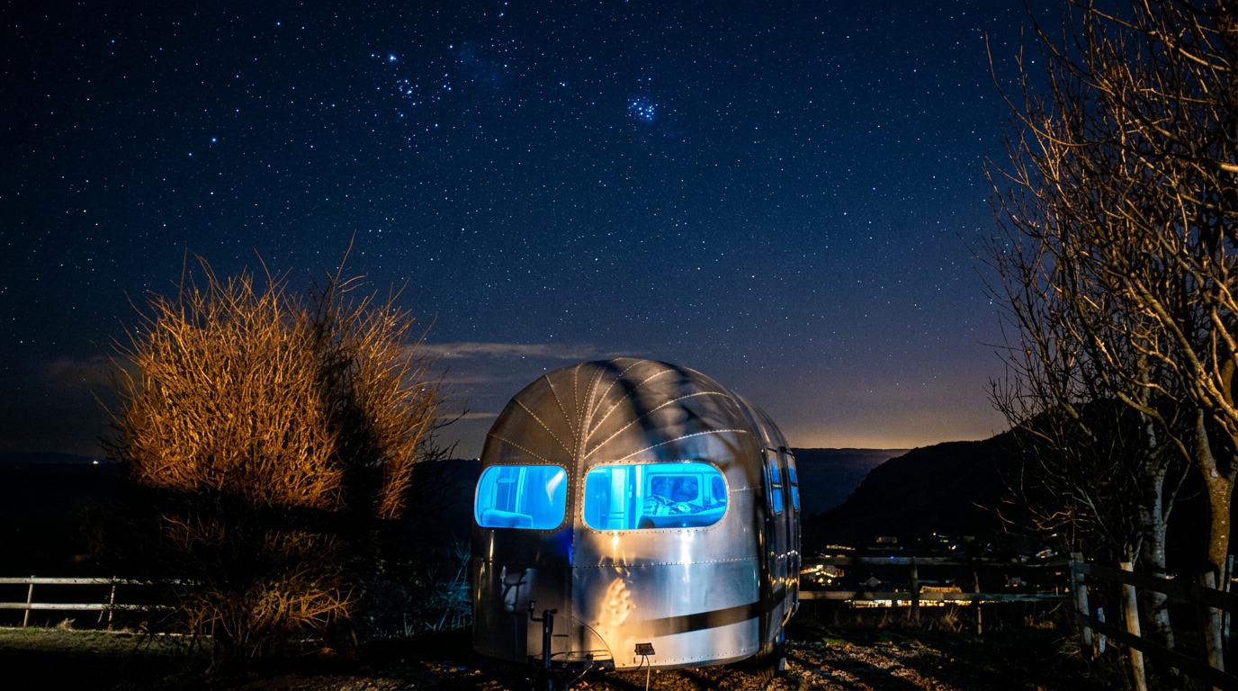 Futuristic dome lit blue at night beneath a starry sky, with trees and hills in the background