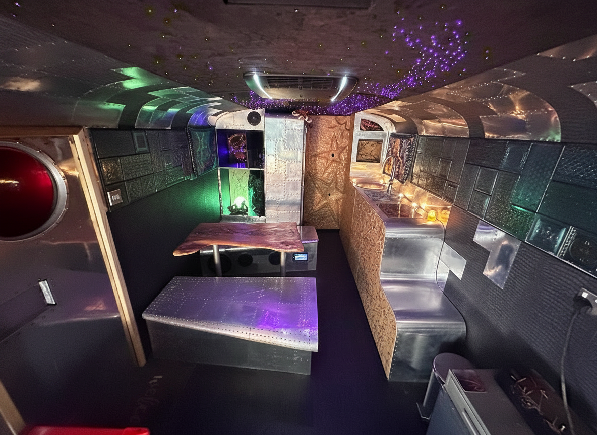 Interior of a party bus with colorful LED lights, bench seating, and a central aisle