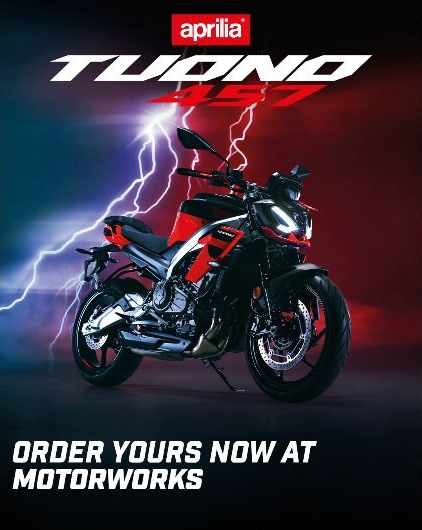 Aprilia Tuono motorcycle ad with red sport bike, lightning background, and “Order yours now at Motorworks” text