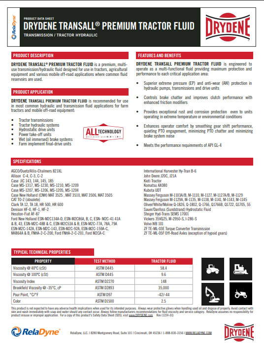 A brochure for drydene transall premium tractor fluid