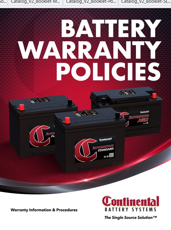 A continental battery warranty policies poster with three batteries on it