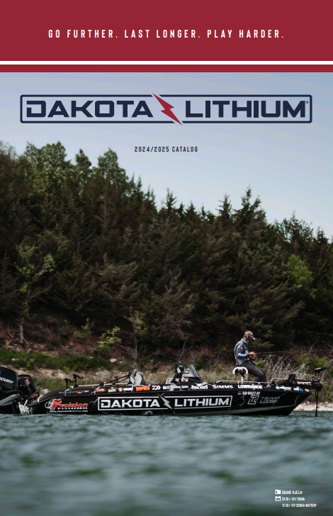 A poster for dakota lithium LiFePO4 Batteries shows a man fishing on a boat in Central Florida