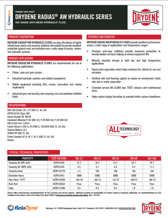 A brochure for drydene radias aw 100,32,46,68 5 gallon hydraulic fluid series