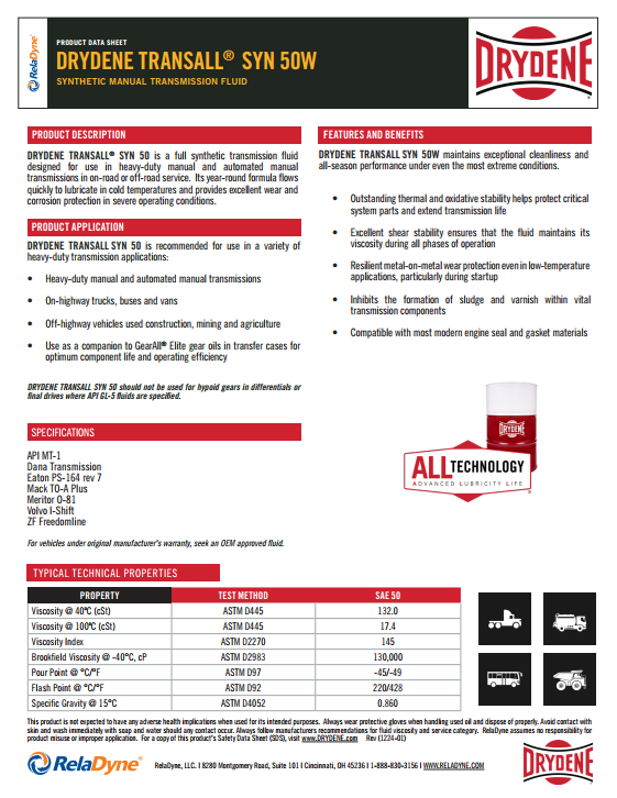 A brochure for drydene transall syn 50w