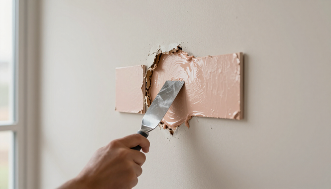 Hand using a putty knife to patch a hole in a drywall wall during repair work by a drywall contractor in San Tan Valley, AZ