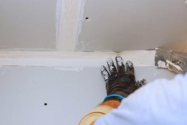 Gloved hand smoothing drywall tape and joint compound along a ceiling seam for a drywall contractor in San Tan Valley, AZ