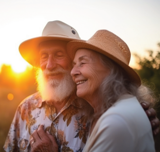 Smiling couple in straw hats embracing at sunset outdoors