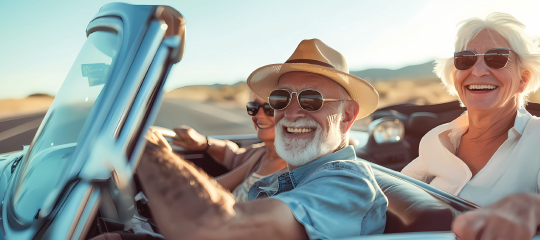 Two smiling people in sunglasses ride in a blue convertible on a sunny desert road.