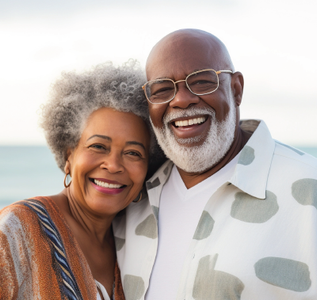 Two smiling adults with gray hair posing close together outdoors in soft sunlight