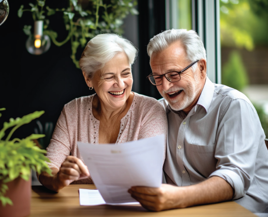 Two smiling adults reviewing papers at a wooden table in a bright, leafy café