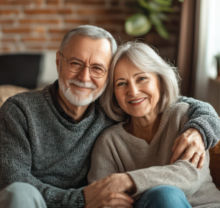 Smiling couple sitting closely on a couch in a cozy living room, wearing sweaters.