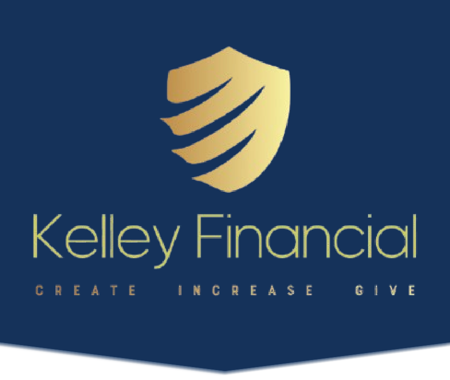 Kelley Financial logo on navy blue background with gold shield icon and &ldquo;Wealth Insurance Real Estate&rdquo; tagline