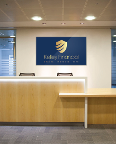 Kelley Financial reception desk with blue logo sign in a modern office lobby