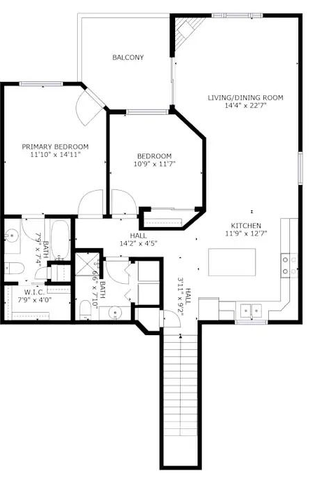 Black-and-white house floor plan showing bedrooms, living room, kitchen, baths, and staircase.