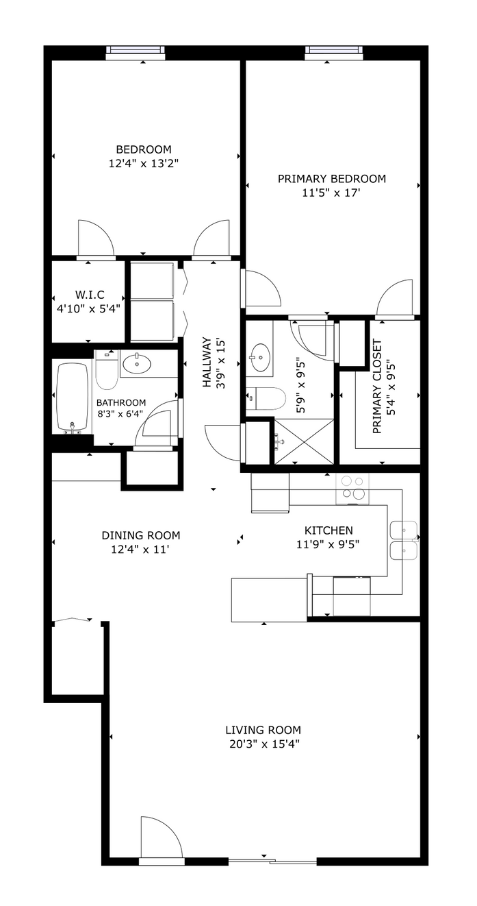 Black-and-white floor plan of a house with labeled rooms, doors, and hallways