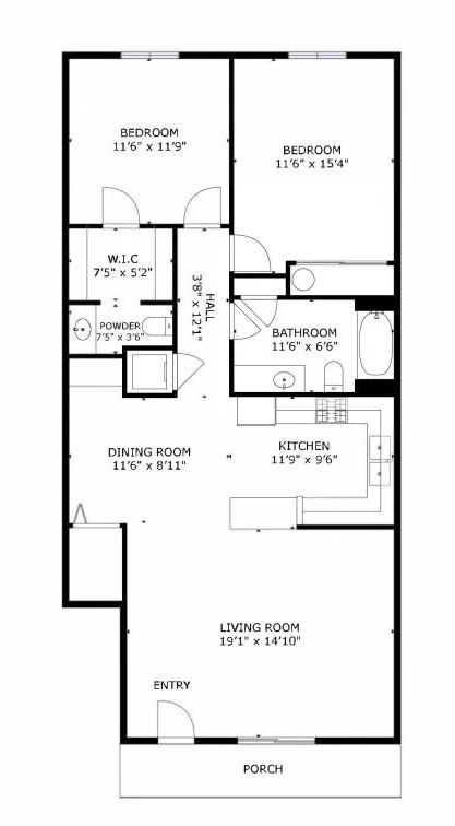 Black-and-white house floor plan showing bedrooms, bath, kitchen, dining room, living room, entry, and porch.