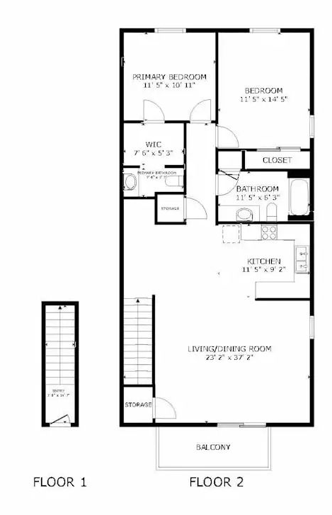 Black-and-white floor plan labeled Floor 1 and Floor 2, with rooms, stairs, and a large underground garage area