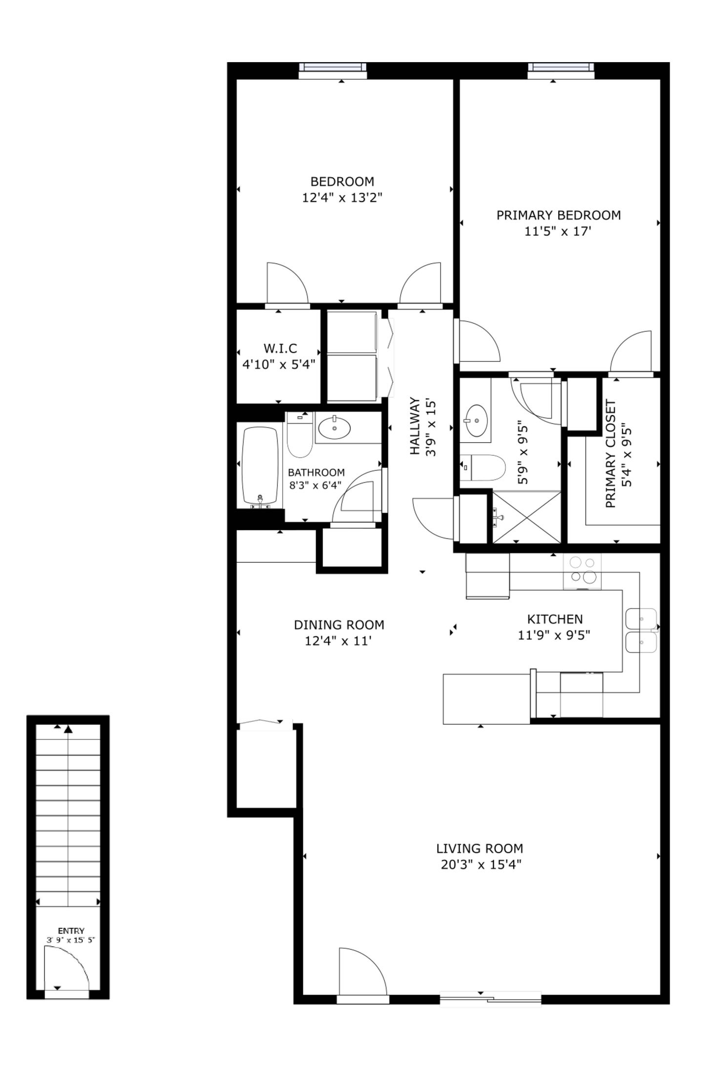Black-and-white architectural floor plan with multiple rooms and a staircase diagram.