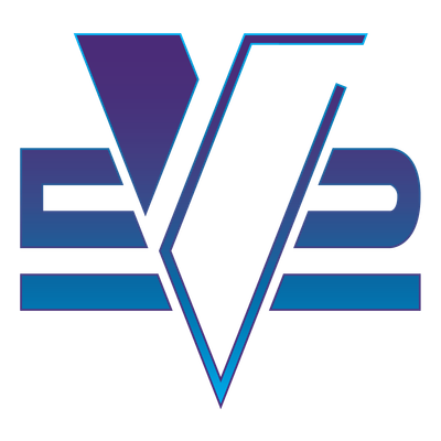Blue logo with a stylized 