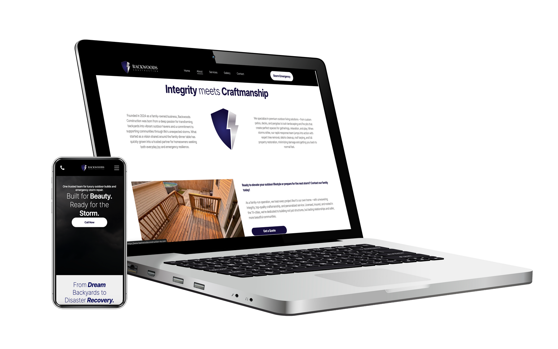 Laptop and smartphone displaying a website with a white background and blue accents