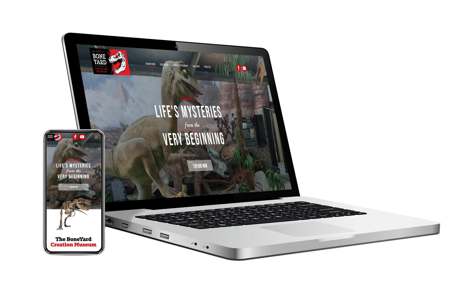 Laptop and smartphone displaying website. Dinosaur background, logo.
