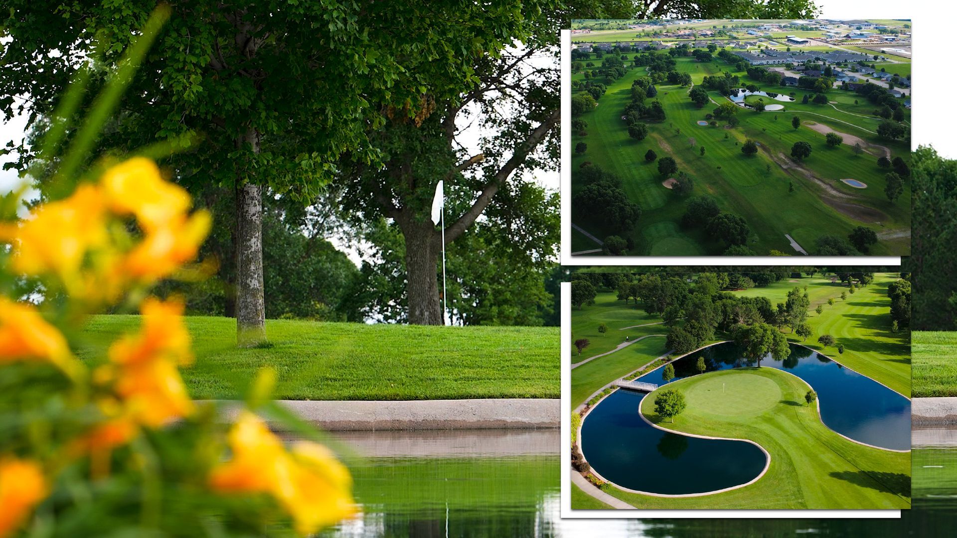 Lush park with trees, green lawns, and a pond; inset views show landscaped grounds and a winding blue water feature.