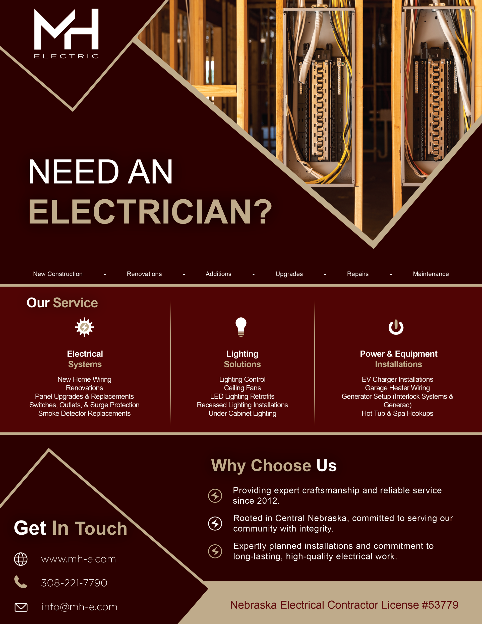 MH Electric logo with service options and contact info.