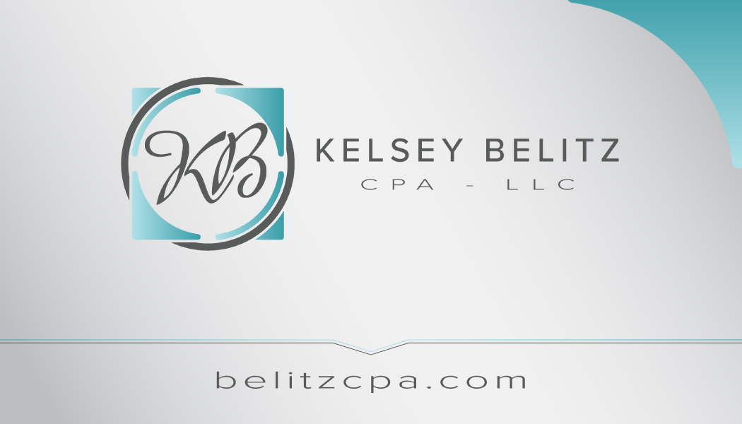 Business card for Kelsey Belitz CPA, LLC, with a logo and website address in a teal and gray color scheme.