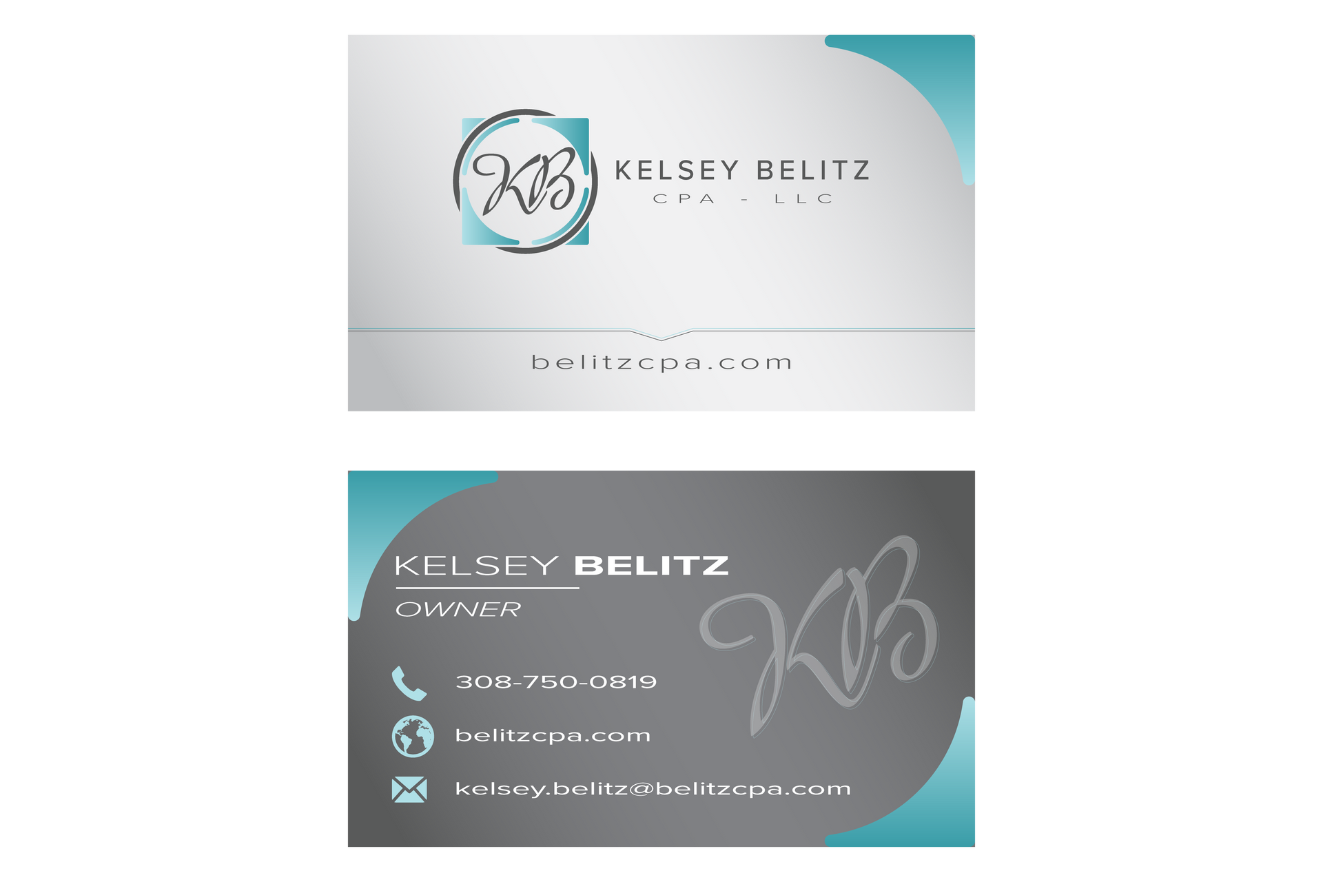 Front and back of a business card with a white and gray design, featuring the Kelsey Belitz logo, contact info, and site.