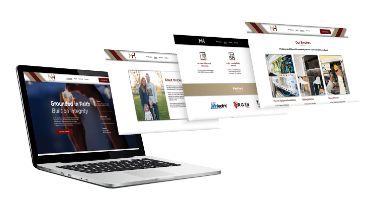 Laptop displaying various website pages with a maroon and gold design.
