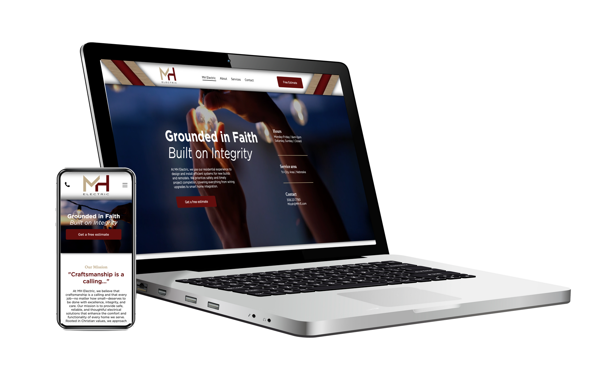 Laptop and phone display a website with logo and slogan 