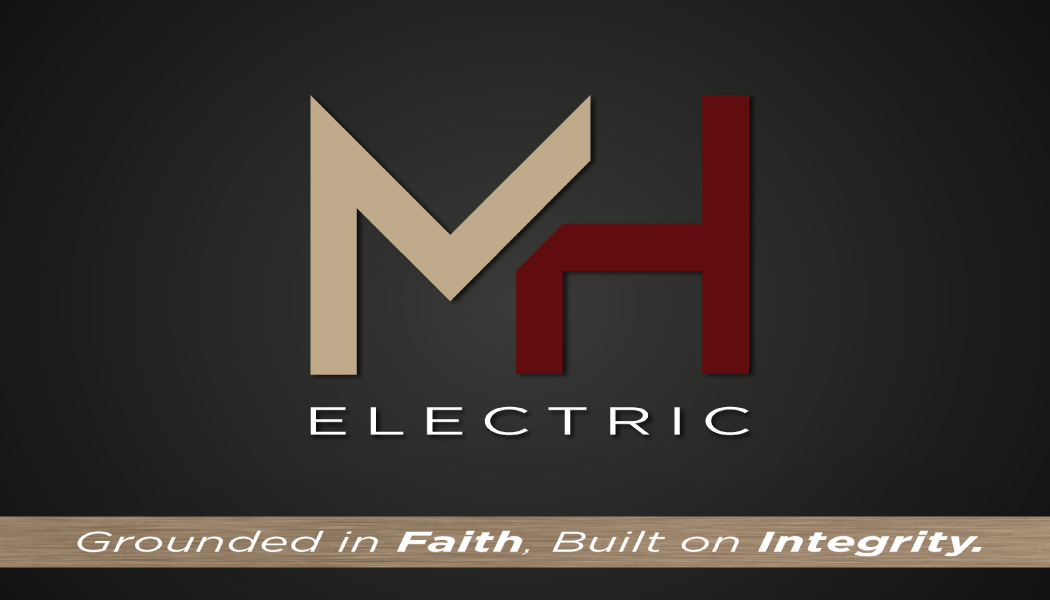 MH Electric logo with stylized initials, dark background, tagline "Grounded in Faith, Built on Integrity."