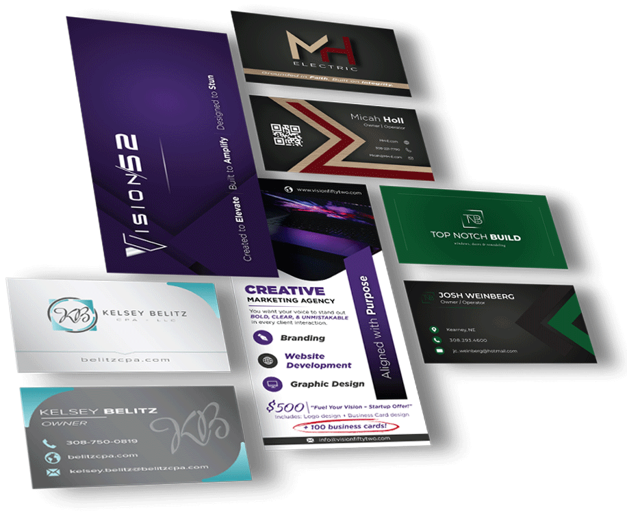 Assorted business cards with various designs and colors displayed.