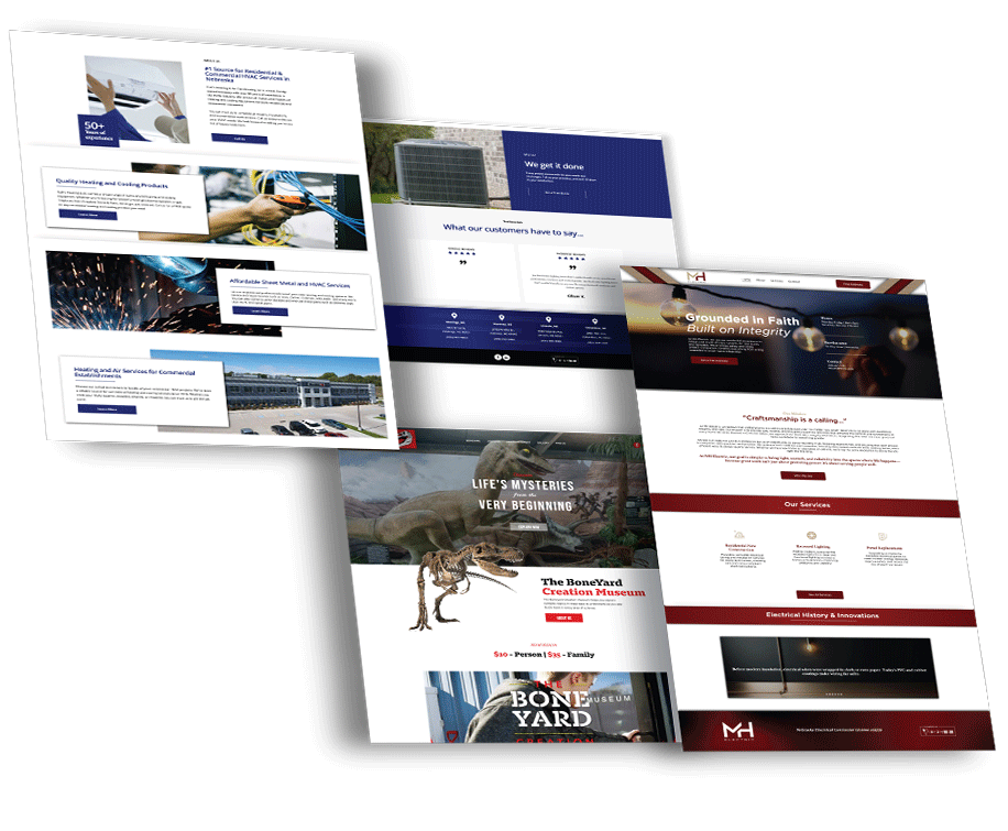 Website mockups in blue and red themes, featuring text and images, including a building and soldiers.