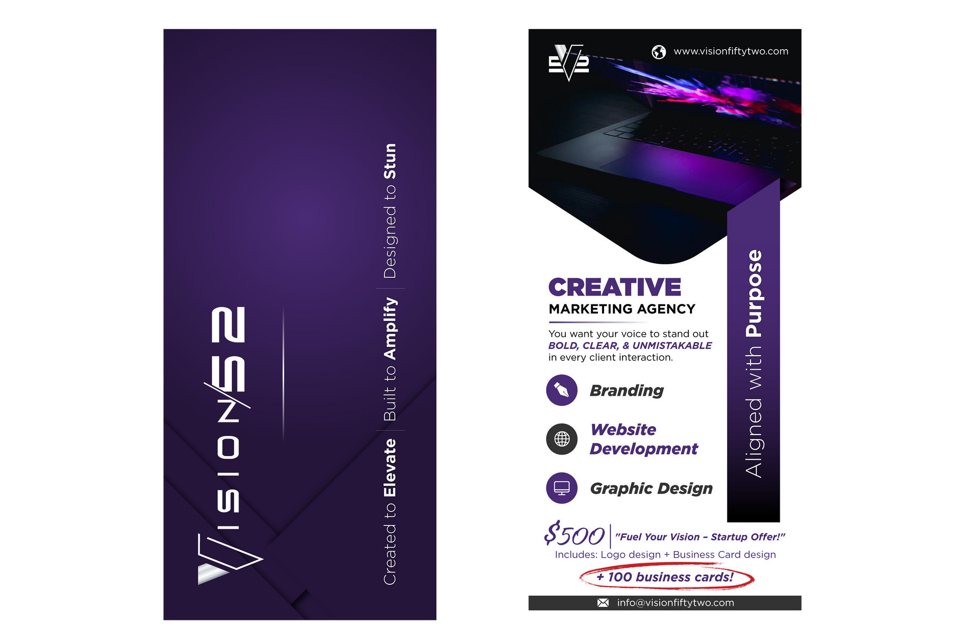 Two-sided business card with purple gradient background.