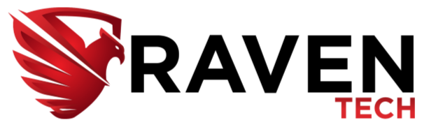 Red raven head logo beside bold black and red text “RAVEN TECH” on a white background