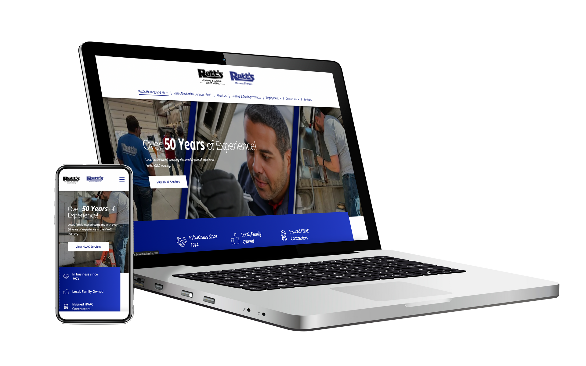 Laptop and smartphone showing website interface with a man and text, 