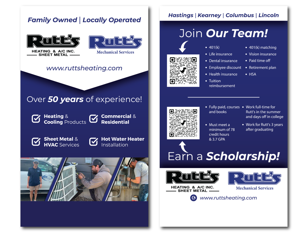 A two-sided flyer for Rutt’s Heating and Cooling detailing services, career opportunities, and scholarship information.
